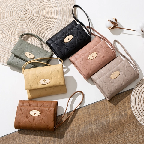 Damen Gesteppte PU Leder Geldbörse Süßer Koreanischer Stil Kariert Reißverschluss Bifold Kartenhalter Mit Handgelenkschlaufe