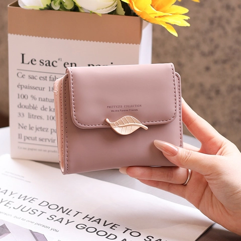 Women Short Trifold Wallet PU Leather Gold Leaf Buckle Card Holder Zipper Coin Purse Elegant Small Clutch For Girls