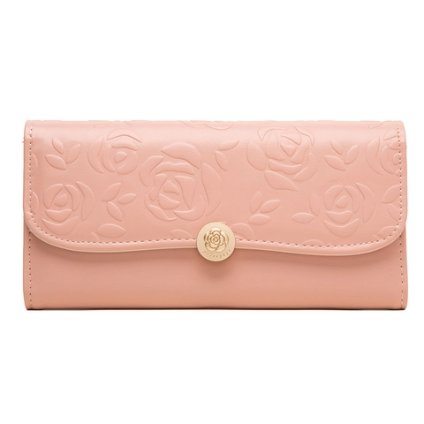 Damen Geldbörse Lang PU Leder Rose Geprägt Blumenrelief Faltbares Design Reißverschlussfach Kartenhalter Elegante Clutch