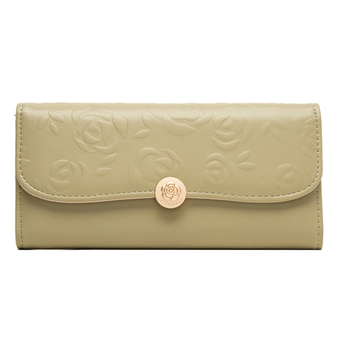 Cartera Larga Para Mujer Cuero PU Relieve Rosa Floral Gran Capacidad Bolso De Mano Tarjetero Cierre Hebilla Metálica Elegante