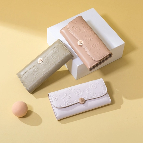 Damen Geldbörse Lang PU Leder Rose Geprägt Blumenrelief Faltbares Design Reißverschlussfach Kartenhalter Elegante Clutch