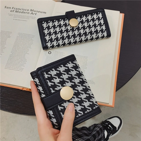Houndstooth Pattern Womens Wallet PU Leather Woven Fabric Clutch Long Short Folding Multi Card Slots Fashion Retro Purse