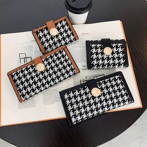 Houndstooth Pattern Womens Wallet PU Leather Woven Fabric Clutch Long Short Folding Multi Card Slots Fashion Retro Purse