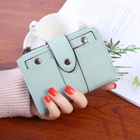 Cartera Corta de Cuero PU para Mujer Decoración de Remaches Cremallera Botón de Presión Estilo Coreano Color Sólido Tarjetero