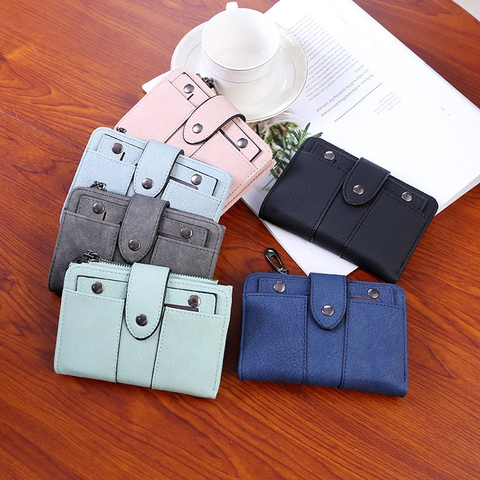 Cartera Corta de Cuero PU para Mujer Decoración de Remaches Cremallera Botón de Presión Estilo Coreano Color Sólido Tarjetero