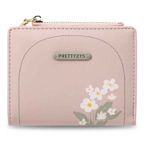 Portafoglio Donna Corto in Pelle PU Stampa Floreale Bifold Porta Carte Con Etichetta in Metallo Cerniera Tasca Monete Clutch
