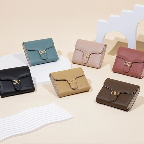 Cartera De Mujer Corta Cuero PU Plegable Color Sólido Hebilla Hoja Metálica Ranuras Para Tarjetas Bolso Pequeño Estilo Japonés