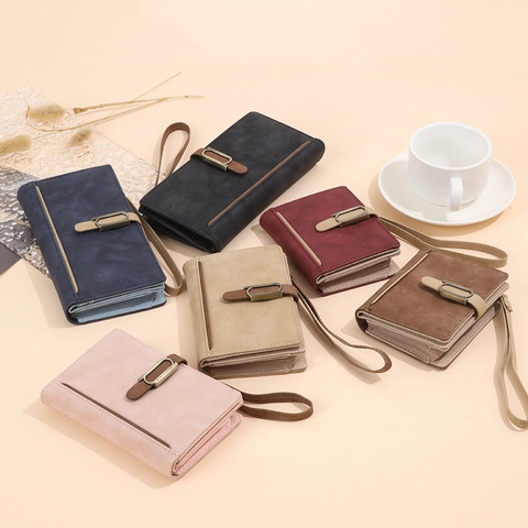 Cartera Larga Mujer Cuero PU Esmerilado Múltiples Ranuras Tarjetas Correa Muñeca Estilo Vintage Color Sólido Bolso