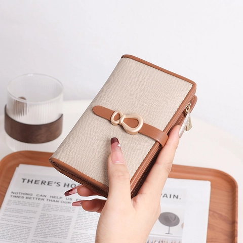 Women Sweet PU Leather Folding Small Wallet With Bowknot Metal Buckle Zipper Coin Pocket Multiple Card Slots Purse