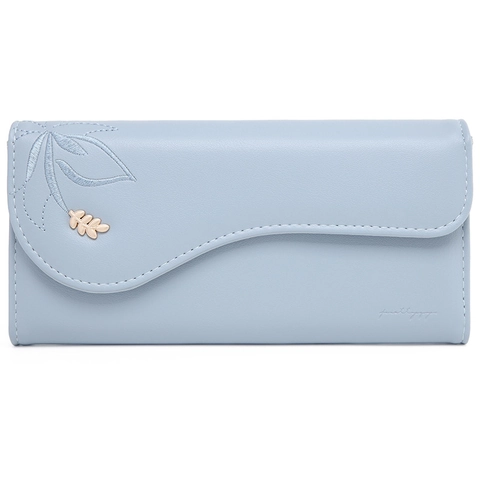 Cartera Larga para Mujer de Cuero PU con Bordado de Hojas y Solapa Ondulada Bolso de Mano Porta Tarjetas Estilo Dulce y Fresco Regalo