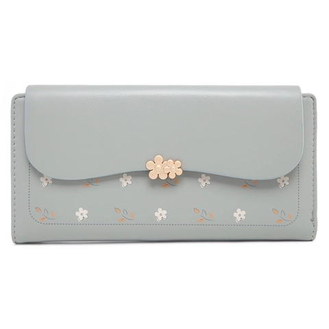 Damen Langes PU-Leder Portemonnaie Blumenmuster Goldene Blumenschnalle Dreifach Gefaltet Viele Kartenfächer Damen Clutch Geldbeutel