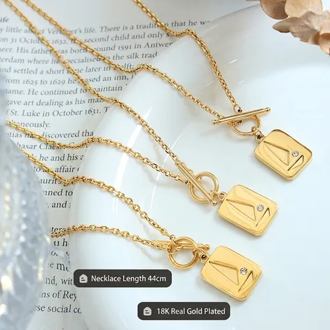 Square Plate Pendant Necklace Titanium Steel 18K Gold Plated Zircon Sailboat Clavicle Chain OT Buckle Toggle Clasp Women