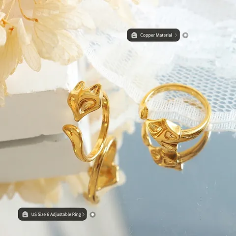 Anello Aperto Volpe Rame Placcato Oro Forma Animale Regolabile Gioielli Stile Coreano Per Donna Elegante Creativo