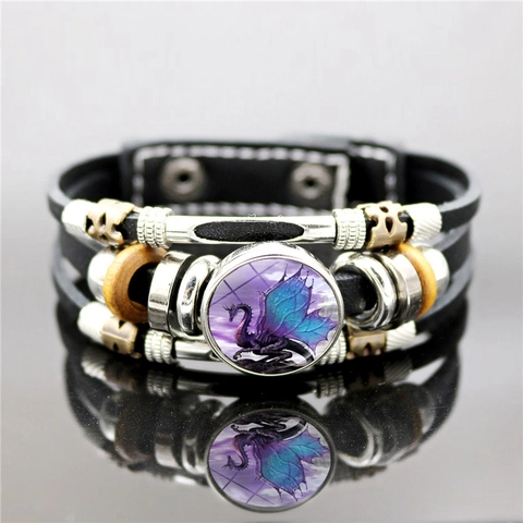 Vintage Punk Multi-layer PU Leather Bracelet Men Fantasy Dragon Glass Cabochon Alloy Wood Beads Braided Braid Wristband