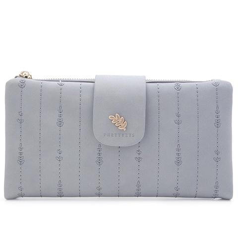 Damen Geldbörse Lang PU Leder Blatt Stickerei Kartenfächer Dreifach Gefaltet Elegant Clutch