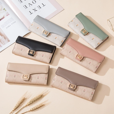 Portafoglio Lungo Da Donna In Pelle PU Pochette Stampa Floreale Pieghevole Fibbia Slot Per Carte Stile Dolce Moda