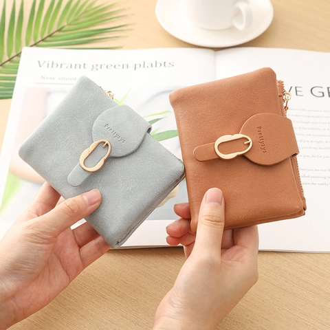 Portafoglio Piccolo Donna Pelle PU Pieghevole Portamonete Cerniera Porta Carte Fibbia Ad Anello Pochette
