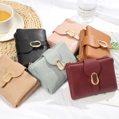 Cartera Corta Para Mujer Cuero PU Grano Litchi Bifold Portatarjetas Con Hebilla Metálica Y Bolsillo Para Monedas Con Cremallera
