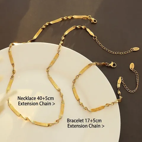 Twisted Blade Chain Necklace And Bracelet Titanium Steel Gold Plated Minimalist Elegant For Women