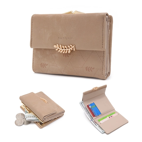 Women Short Three-Fold Wallet PU Leather Geometric Stitching Leaf Metal Clasp Multiple Card Slots Coin Purse Vintage Clutch Bag