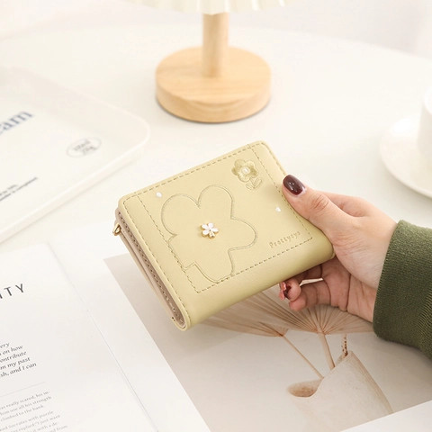 Women's PU Leather Short Triple Fold Wallet With Floral Embroidery Multiple Card Slots And Zip Coin Pocket Elegant Daily Purse Sweet Korean Style
