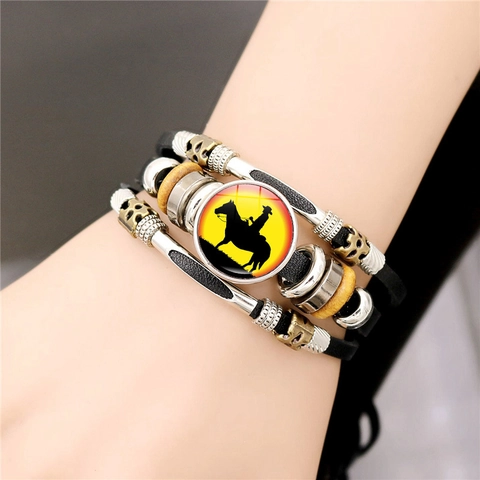 Heren Vintage Meerlaags Gevlochten Kunstleer Armband Western Cowboy Zonsondergang Silhouet Glas Cabochon Punk Sieraden