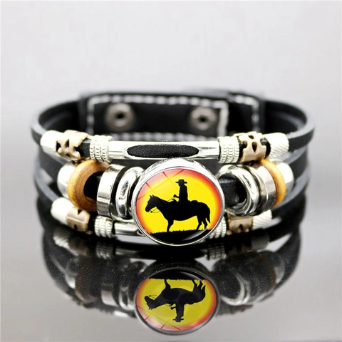 Heren Vintage Meerlaags Gevlochten Kunstleer Armband Western Cowboy Zonsondergang Silhouet Glas Cabochon Punk Sieraden