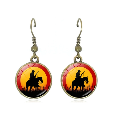 Vintage Westlicher Cowboy Silhouette Hängeohrringe Bronze Legierung Glas Cabochon Sonnenuntergang Retro Schmuck Für Damen