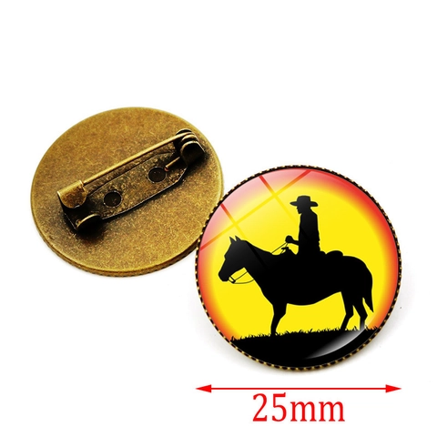 Vintage Western Cowboy Silhouette Brooch Sunset Horse Riding Pin Alloy Glass Round Badge For Clothing Men Women Jewelry