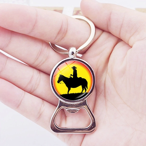 Vintage Western Cowboy Sonnenuntergang Silhouette Bierflaschenöffner Schlüsselanhänger Zinklegierung Metall Schlüsselring Mit Glas Cabochon Pferd Kaktus Design