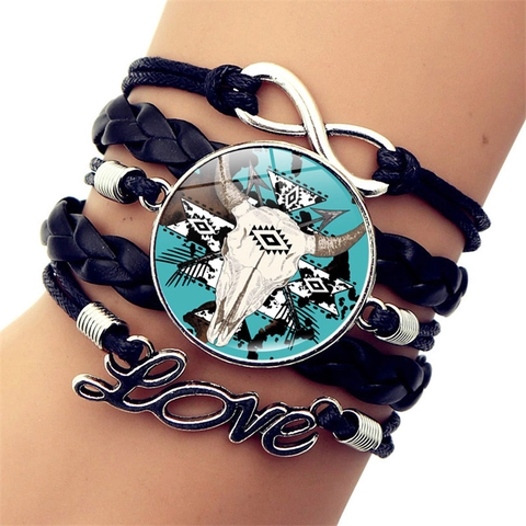 Vintage Bohemian Multilayer Braided Leather Bracelet Alloy Glass Cabochon Infinity Love Pendant Western Cowboy Bracelet Jewelry For Men Women