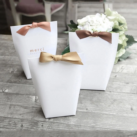 Caja De Embalaje De Regalo Merci Beaucoup Bolsa De Favor De Cartón Con Lazo De Cinta De Satén Para Fiesta De Boda Minimalista