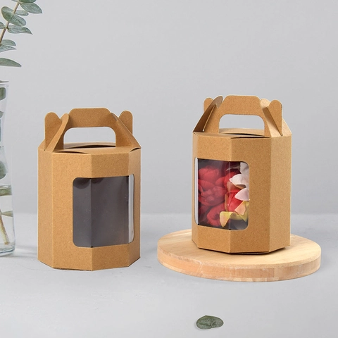 Sechseckige Kraftpapier Geschenkbox Mit Transparentem Fenster Und Griff Für Blumen Süßigkeiten Hochzeit Geburtstag Party Verpackung