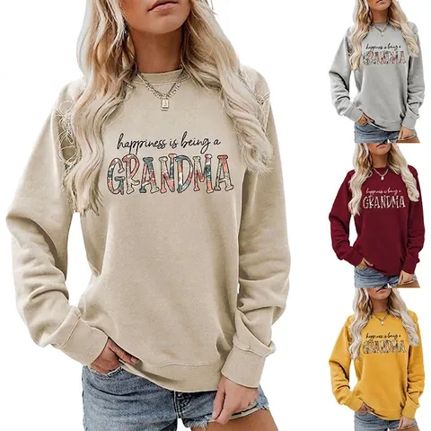 Women Crewneck Sweatshirt Happiness Is Being A Grandma Floral Letter Print Casual Long Sleeve Pullover Cotton Blend
