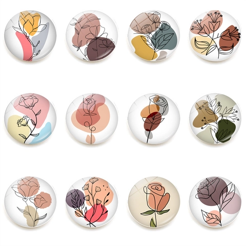 Modern Minimalist Botanical Flower Line Art Crystal Glass Fridge Magnet Nordic Style Circular Whiteboard Magnetic Sticker Decorative Office Home Kitchen Accessory