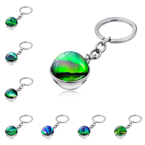 Moderner Polarlichter Aurora Glas-Cabochon Schlüsselanhänger Zinklegierung Sternenhimmel Wald Kunstmuster Anhänger Schlüsselring Geschenk