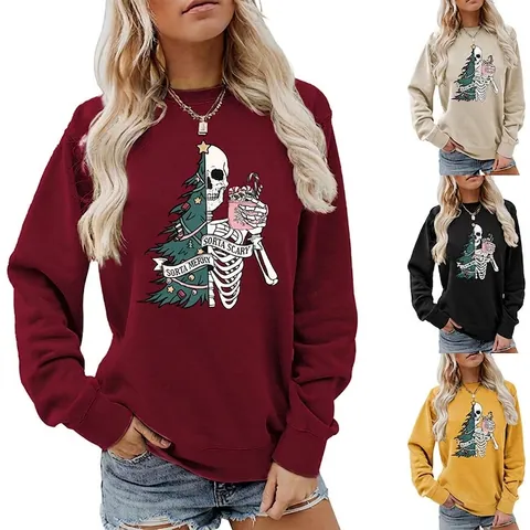 Women Crewneck Sweatshirt Sorta Merry Sorta Scary Skeleton Christmas Tree Print Long Sleeve Cotton Blend Casual Top