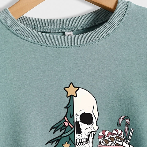 Women Crewneck Sweatshirt Sorta Merry Sorta Scary Skeleton Christmas Tree Print Long Sleeve Cotton Blend Casual Top