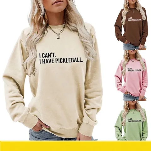 Women Crewneck Sweatshirt Cotton Blend Long Sleeve Pickleball Letter Print Casual Pullover Activewear Top