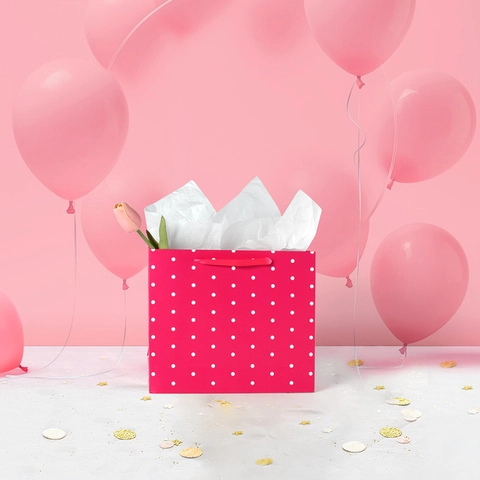 Magenta Polka Dot Gift Bag With Satin Ribbon Handle For Wedding Birthday Party Small White Cardboard Paper Bag For Gift Packaging