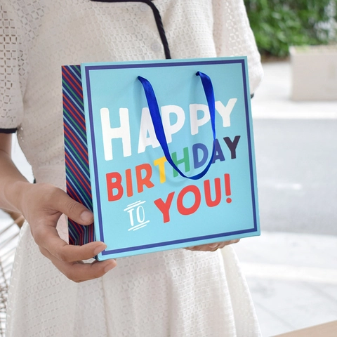Blue Cute Cartoon Happy Birthday Letter Print Gift Bag Square Color Printed Cardboard Paper Handbag With Ribbon Handle