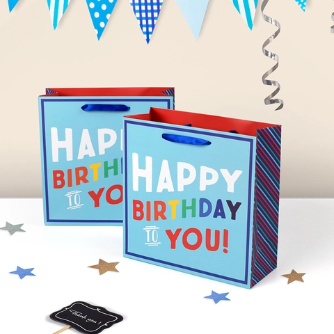 Blue Cute Cartoon Happy Birthday Letter Print Gift Bag Square Color Printed Cardboard Paper Handbag With Ribbon Handle