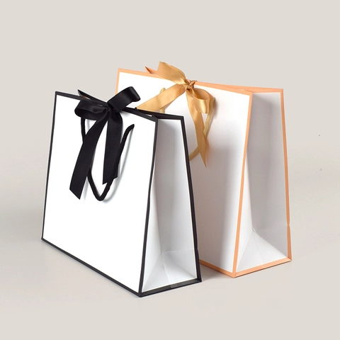 White Cardboard Gift Bag With Satin Bow Knot Contrast Border Paper Handle Bag For Birthday Wedding Party Favors Gift Wrap