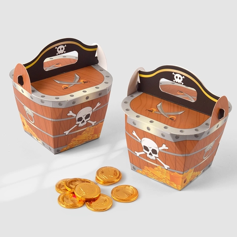 Pirate Treasure Chest Gift Box Cardboard Candy Box Handle Wood Grain Skull Pattern Party Favor Boxes For Halloween Kids Party