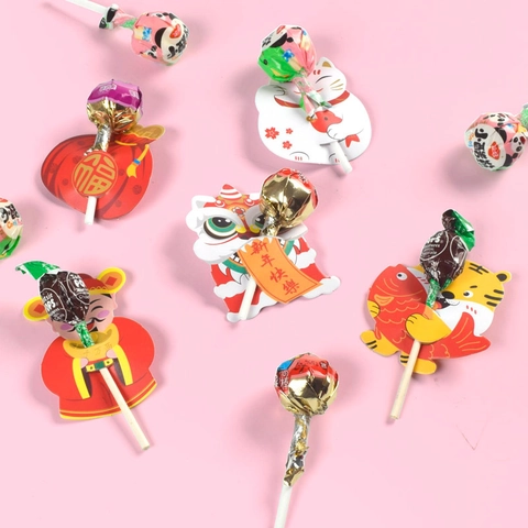 Cartoon Chinees Nieuwjaar Lolly Decoratie Papieren Kaarten Leeuwendans Geluksgod Snoepverpakking Labels Voor Feest Cadeau Decor