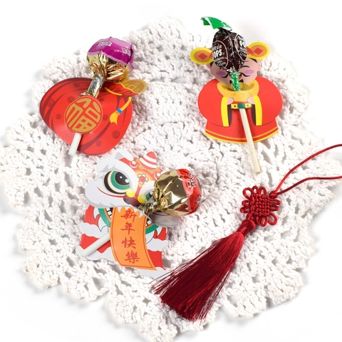 Cartoon Chinees Nieuwjaar Lolly Decoratie Papieren Kaarten Leeuwendans Geluksgod Snoepverpakking Labels Voor Feest Cadeau Decor