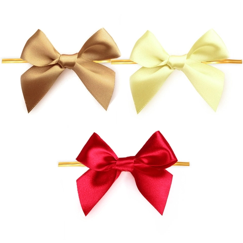 Satin Ribbon Bows With Metallic Twist Ties For Gift Wrapping Bakery Packaging Party Decoration Hand Tied Polyester