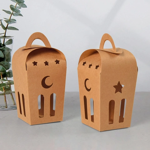 Scatole Regalo In Carta Kraft Intagliata Stella Luna Pieghevoli Manico Portatile Ramadan Eid Mubarak Confezione Di Caramelle