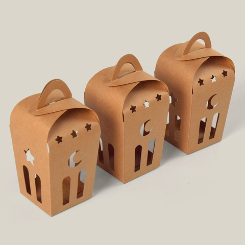 Scatole Regalo In Carta Kraft Intagliata Stella Luna Pieghevoli Manico Portatile Ramadan Eid Mubarak Confezione Di Caramelle