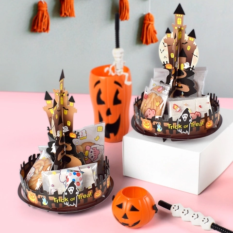 Porte-Bonbons Tour de Château 3D Halloween en Papier Couché Support à Snacks Avec Motifs de Citrouille et Fantôme pour Décoration de Table